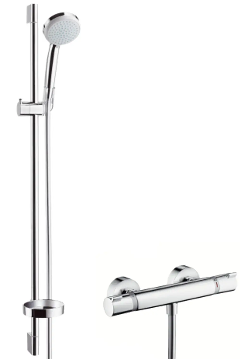 Hansgrohe Brausesystem mit Handbrause, verstellbarer Brausestange und Thermostat. Chromoberfläche, Gewährleistung von Komfort und Wassereffizienz im Badezimmer.